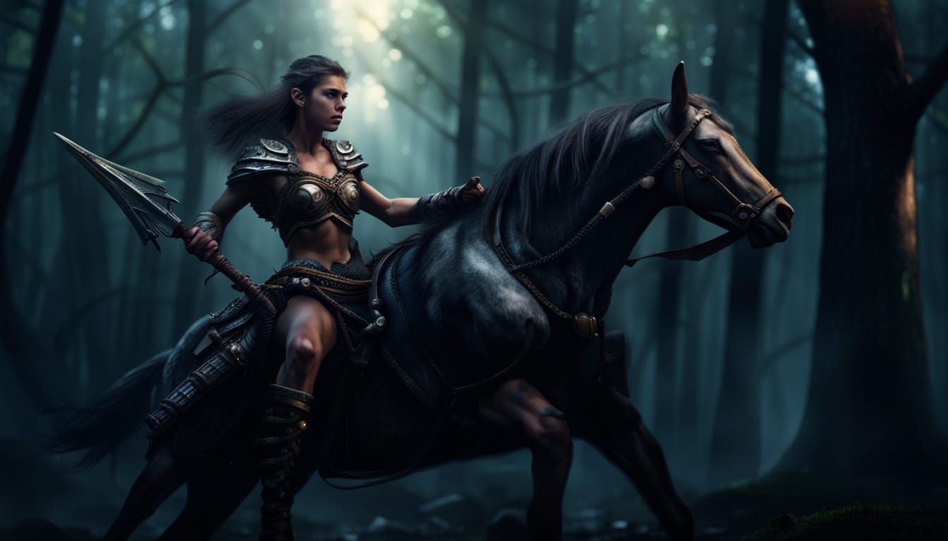 Centaur Female Warrior in Dark Forest, Fairycore Style