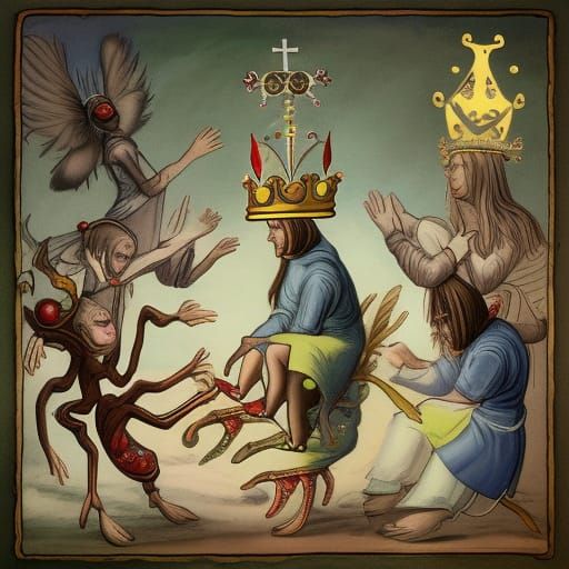 Surreal Medieval Psalter Scene with Religious Motifs