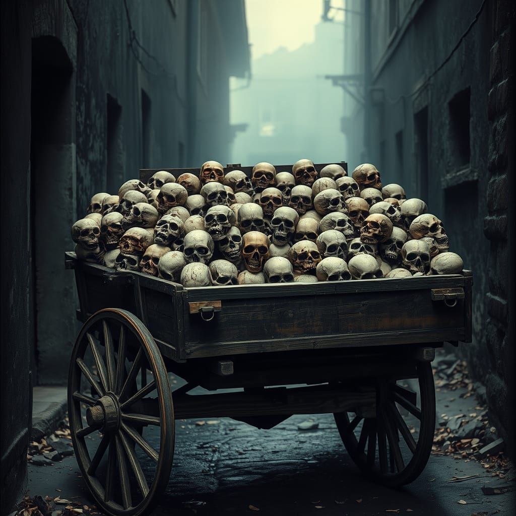 Haunting Scene of a Weathered Cart in a Misty Alleyway