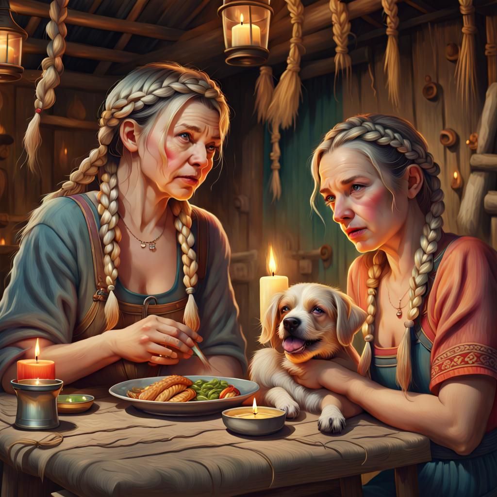 Village Family Dinner in Illustrative Realism