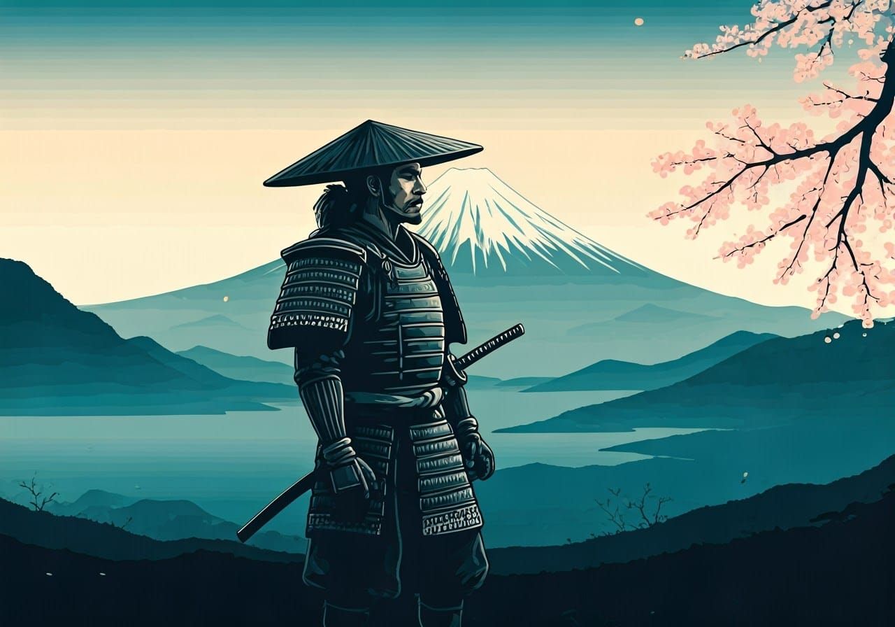 Samurai Contemplates Fuji: An Ukiyo-e Portrait