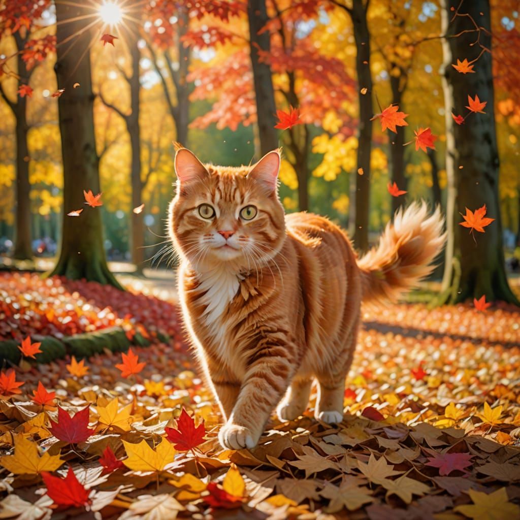 Cute Cat Chasing Autumn Leaves in Sun-Dappled Forest