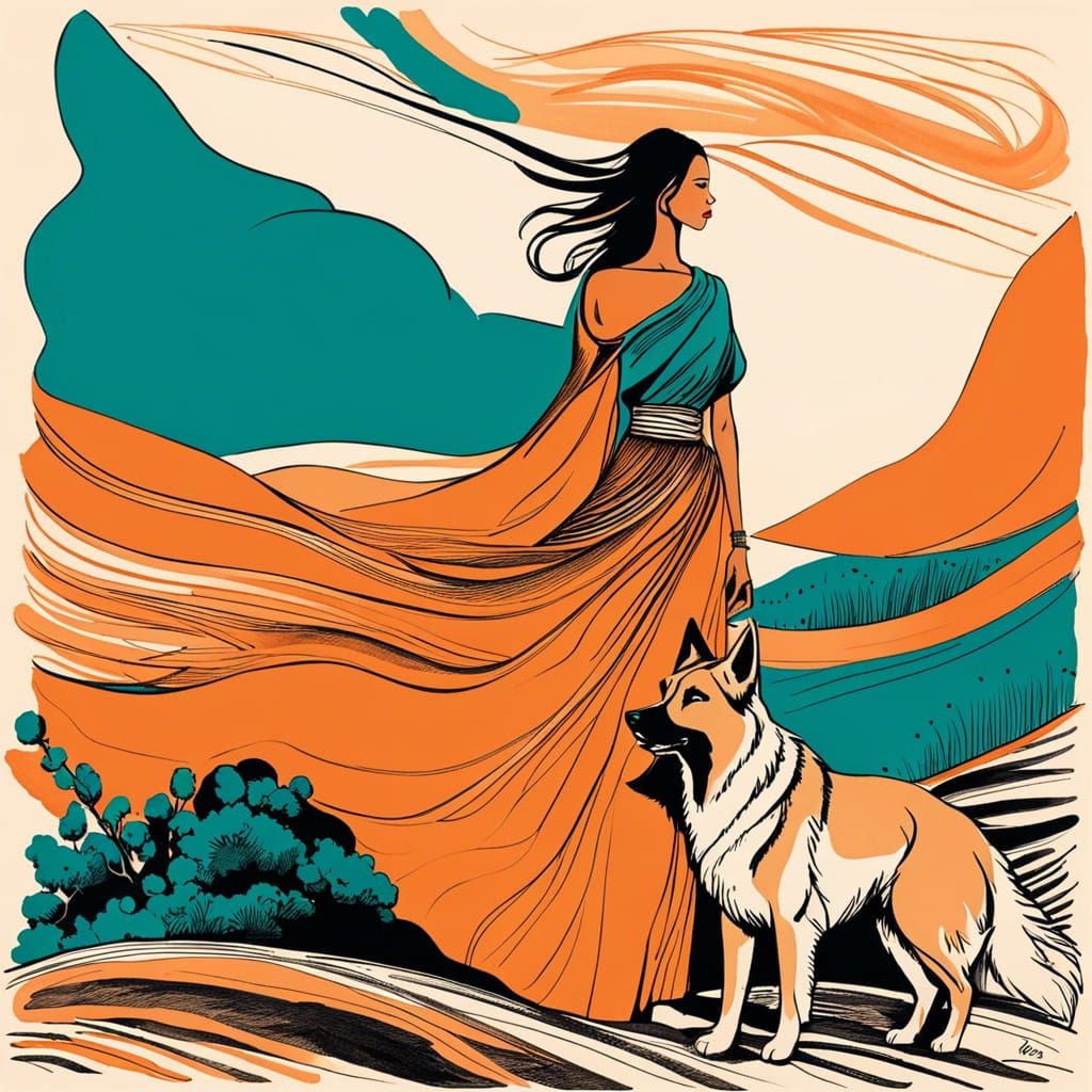 Amerindian Woman and Dog, Simple Ink Sketch