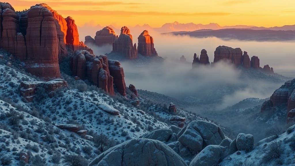 Snowy Red Rocks of Sedona at Golden Hour