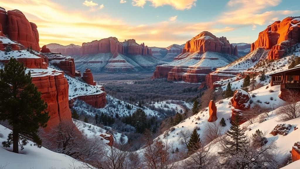 Sedona Red Rocks in Snow at Golden Hour