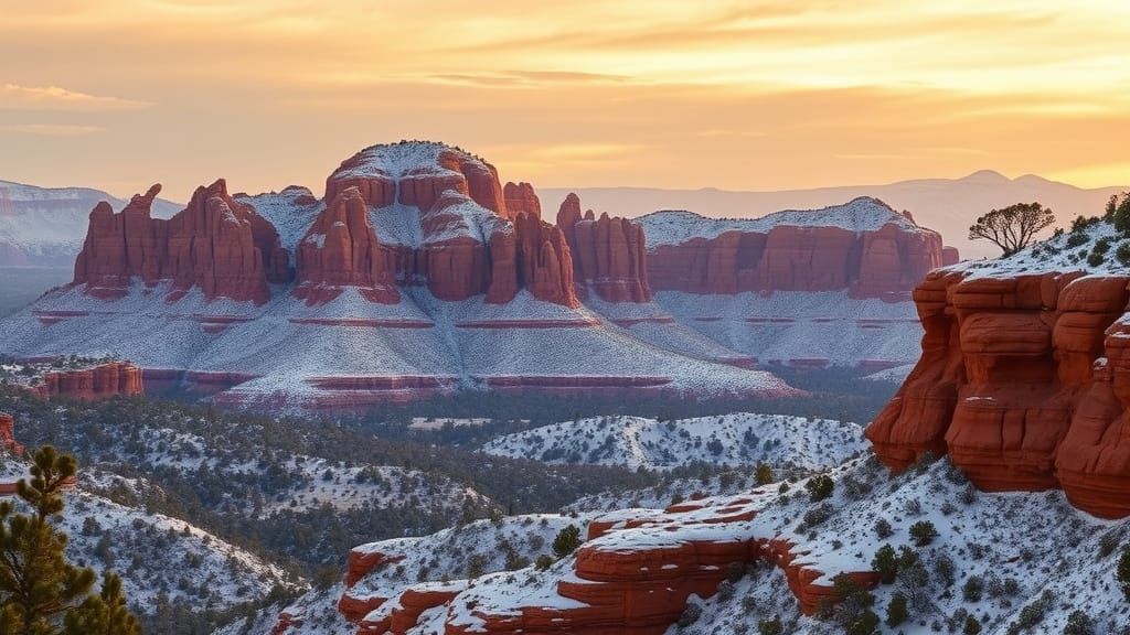 Snowy Sedona Red Rocks at Golden Hour