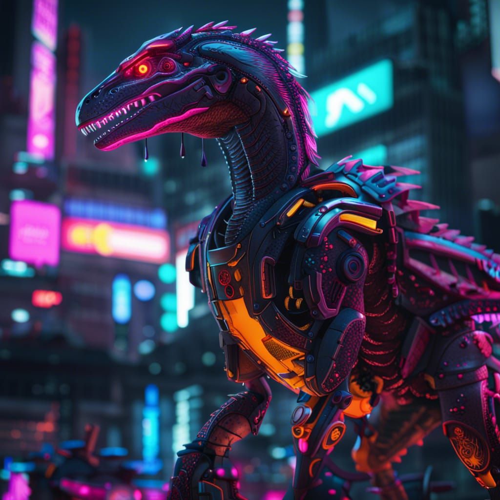 Neon Robot Velociraptor in Cyberpunk Neo Tokyo