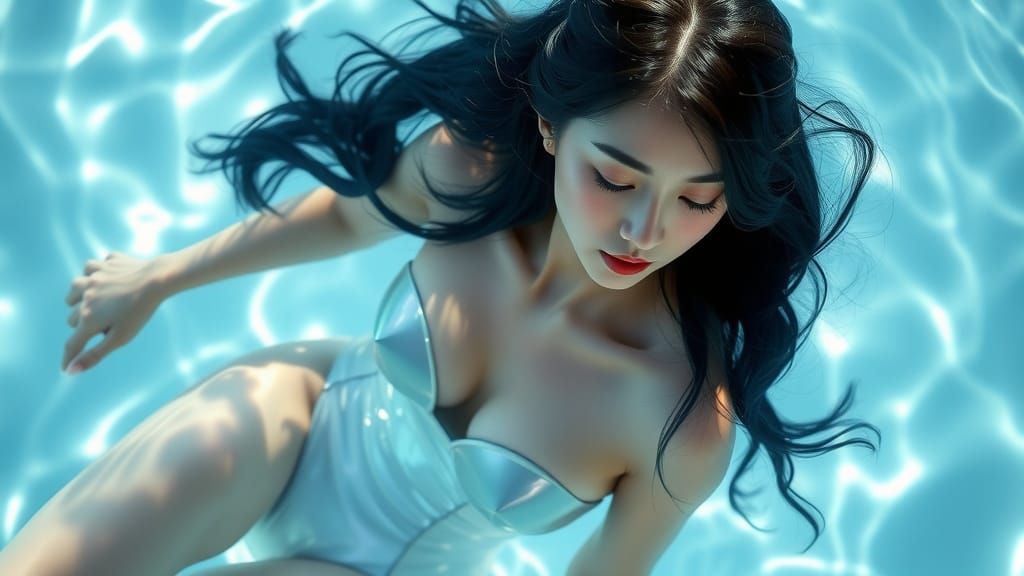 Ethereal Asian Woman in Iridescent Swimsuit Floats in Crysta...