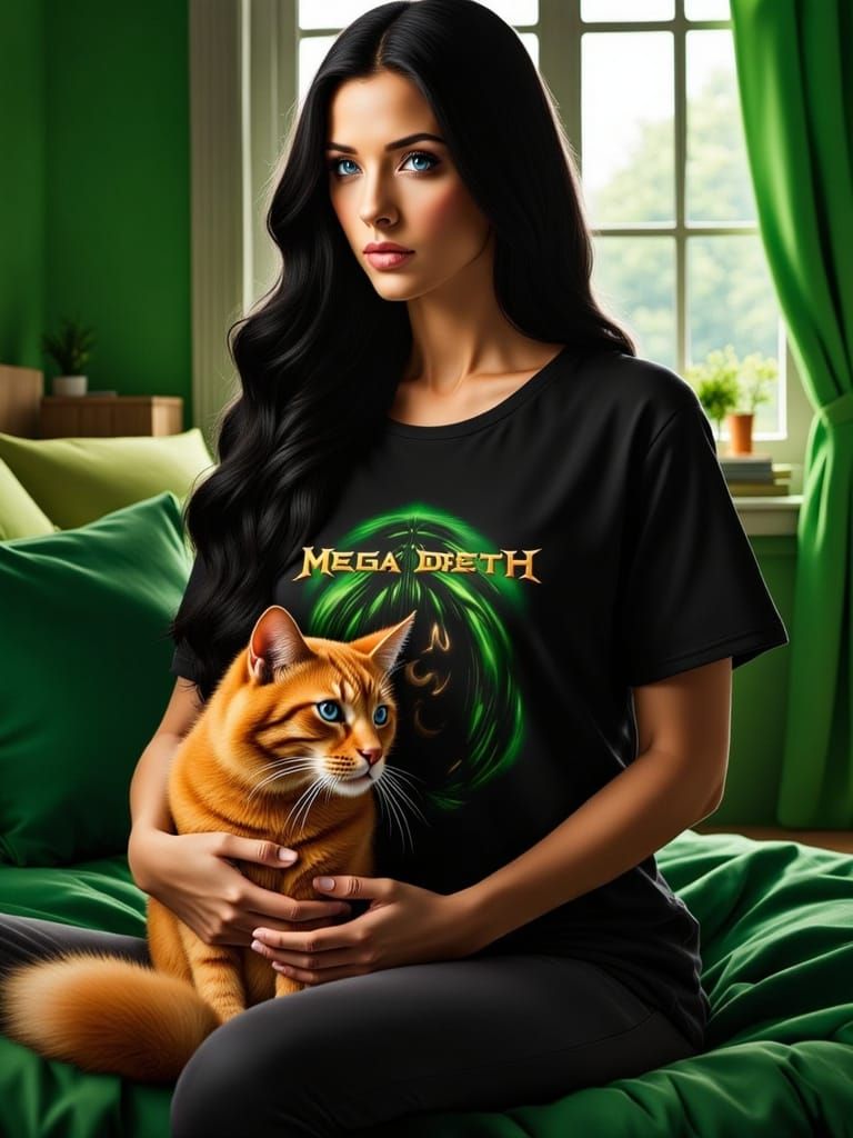 Woman with Dark Hair and Orange Cat in Detailed Living Room