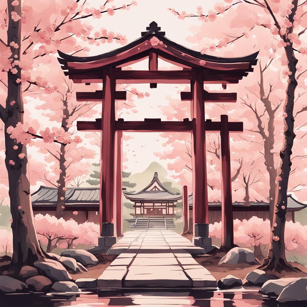 Sakura Trees Surround Shrine in Ukiyo-e Style