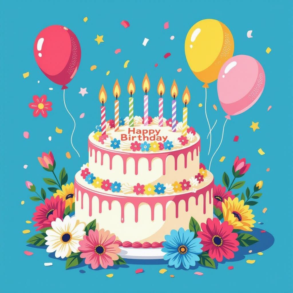 Birthday Cake Pop Art with Flowers and Candles