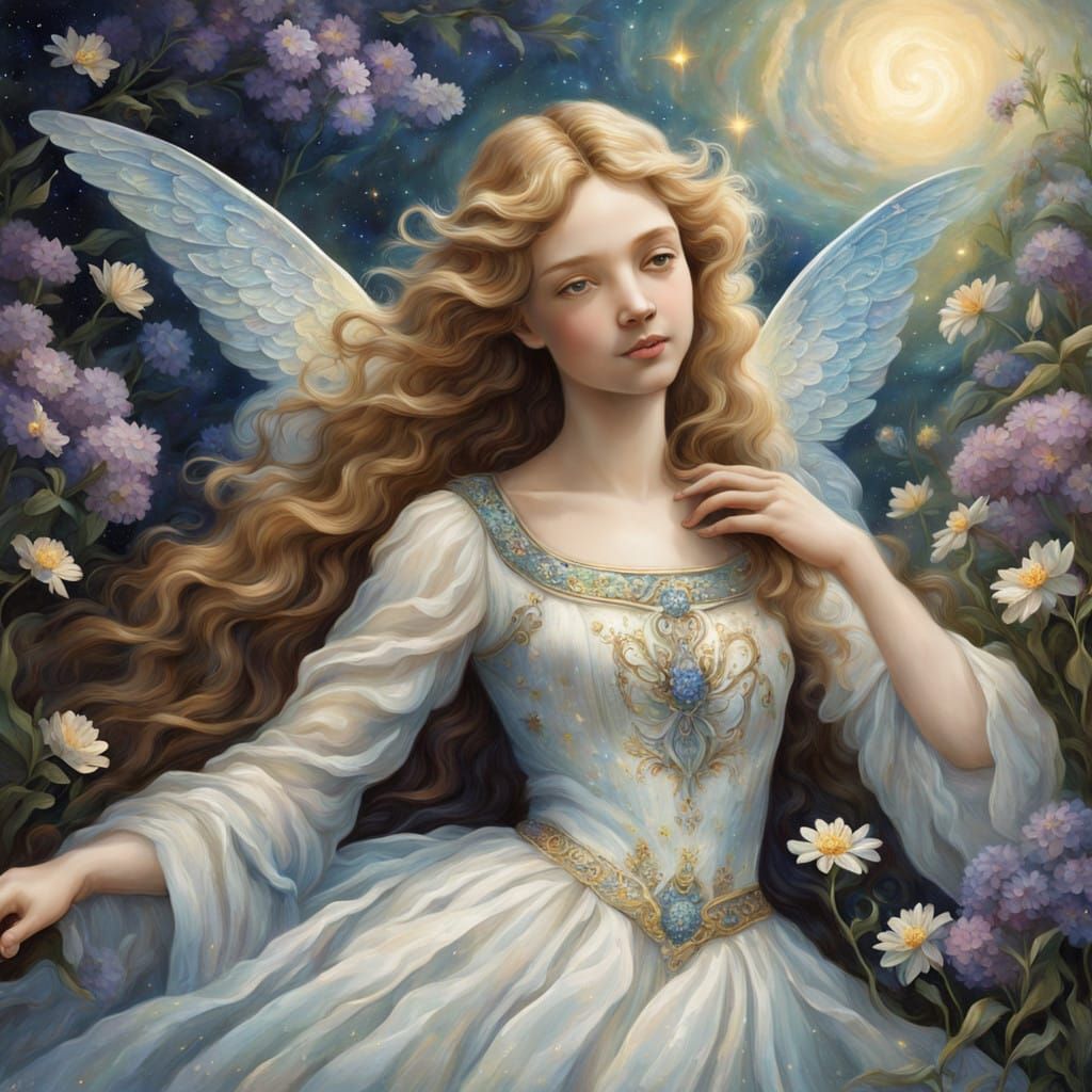 Serene Guardian Angel in a Lush Garden of Wildflowers
