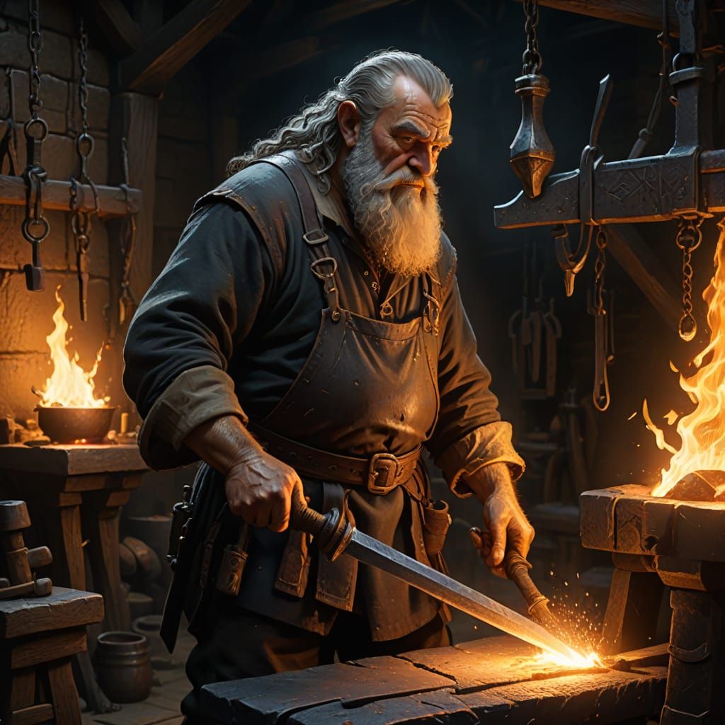 Dwarf Blacksmith Forging a Glowing Sword