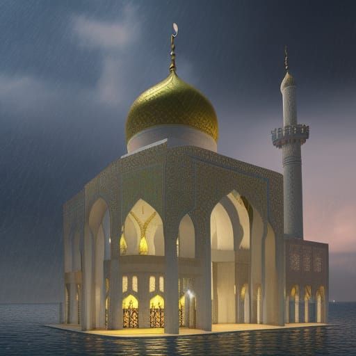 Hyperrealistic Mosque Amidst Stormy Ocean Night