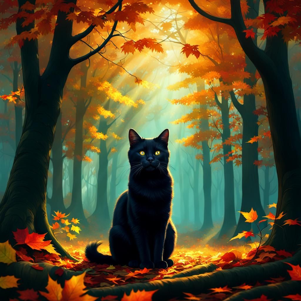Spooky Black Cat in Autumnal Dark Fantasy