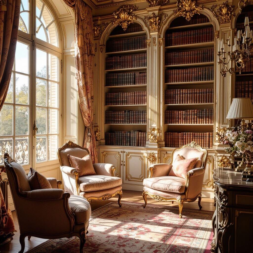 Opulent Rococo Library Interior with Sunlight