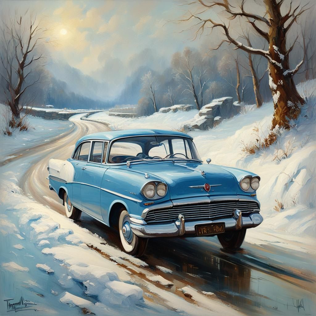 Vintage Vauxhall Car in Snowy Landscape, Oil Painting
