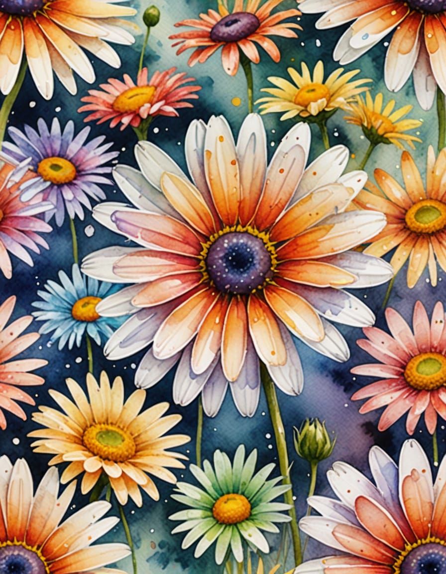 Rainbow Daisy Blooms in Whimsical Watercolor Style