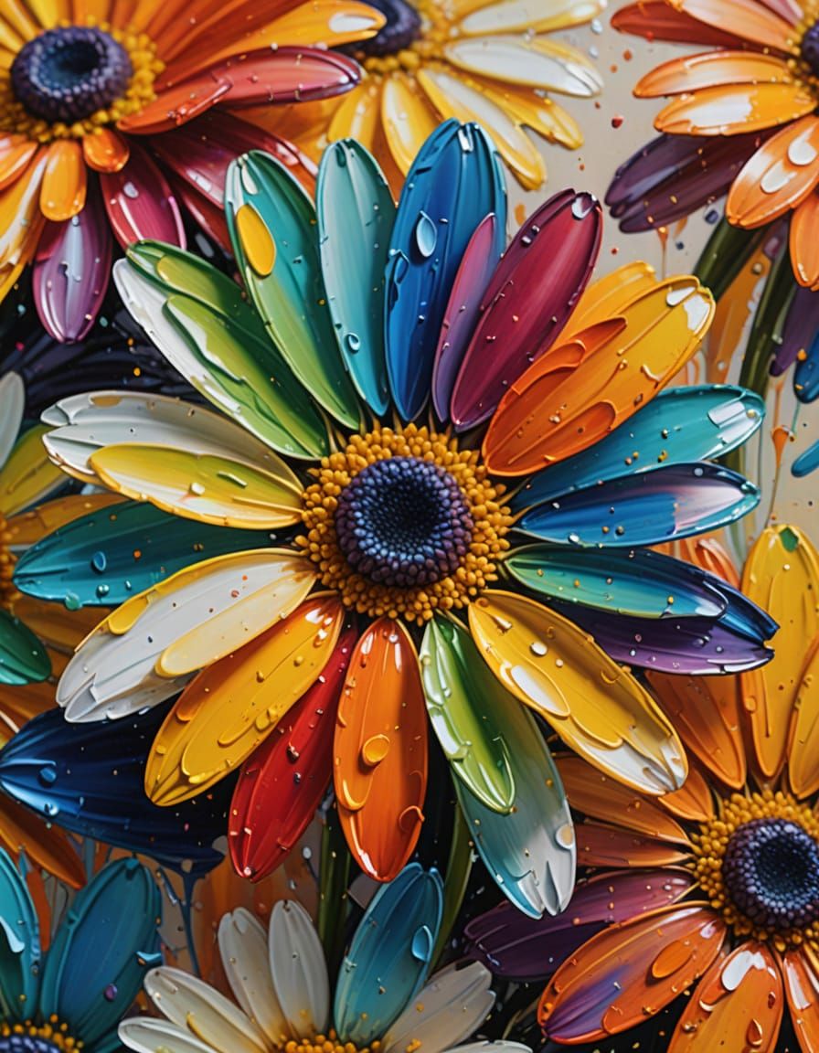 Vibrant Oil Painting of a Daisy with Rainbow Fingerprint Pet...