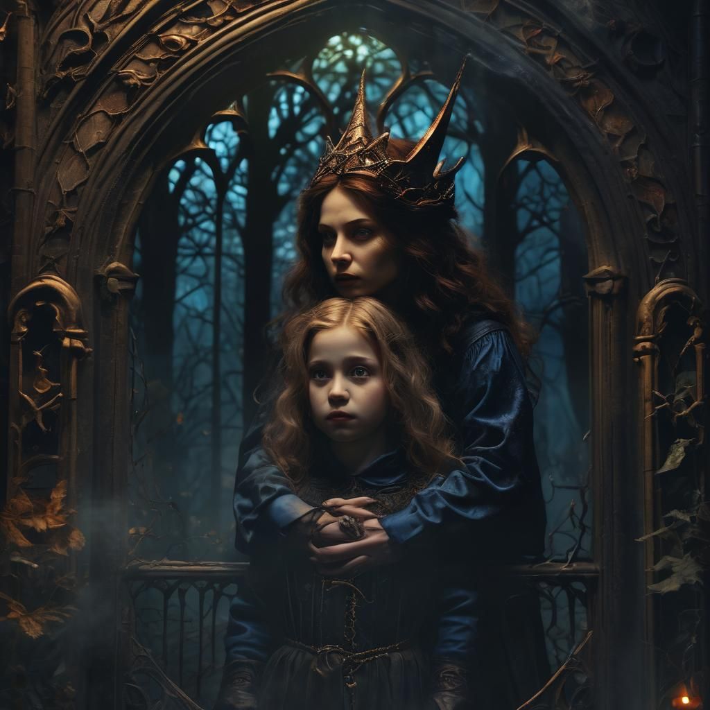 Enchanting Embrace: Mother and Child in Mystical Forest