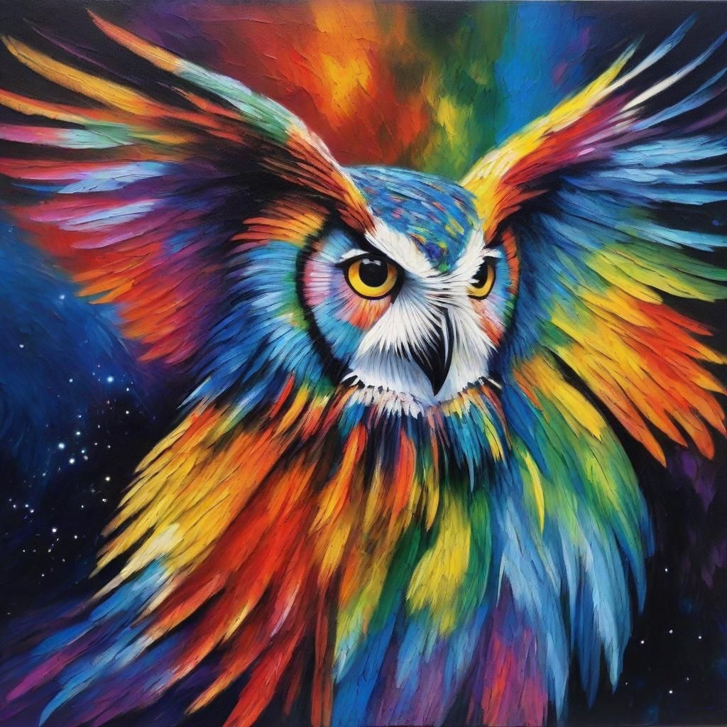 Rainbow Owl Soaring in Night Sky as Impasto Painting