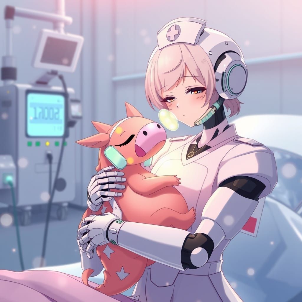 Robot Nurse Cradles Dragon Girl: Anime Style