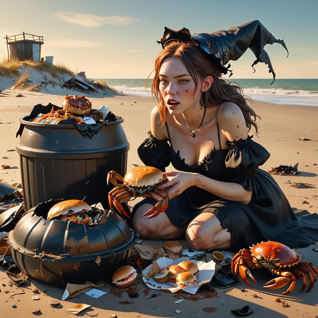 Surreal Witch Eating Crab on Littered Beach