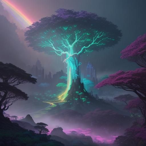 Ethereal Rainbow Cascade in Dreamscape of Clouds and Foliage