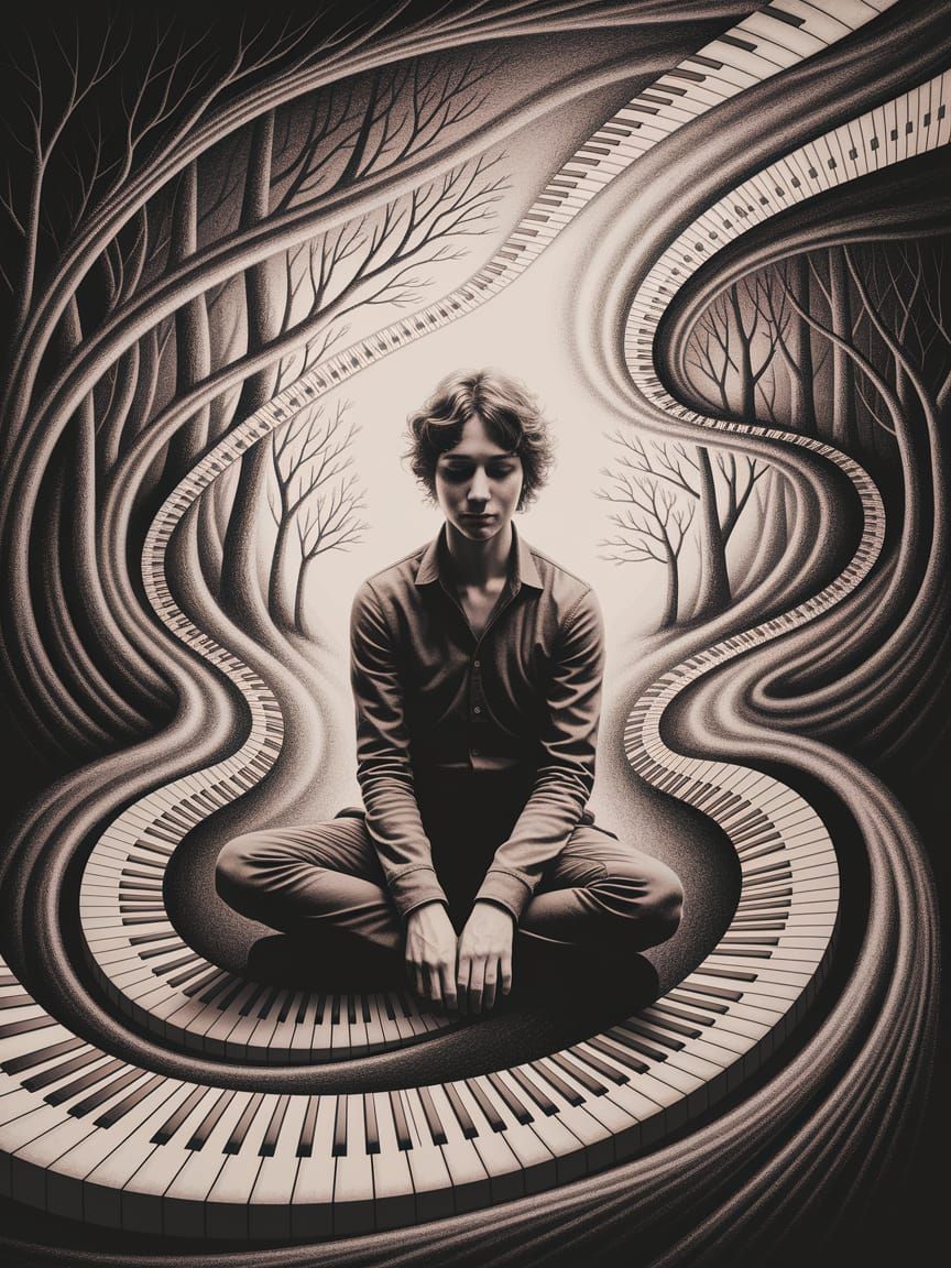 Serenity in Harmony: A Tranquil Figure Amidst Swirling Notes