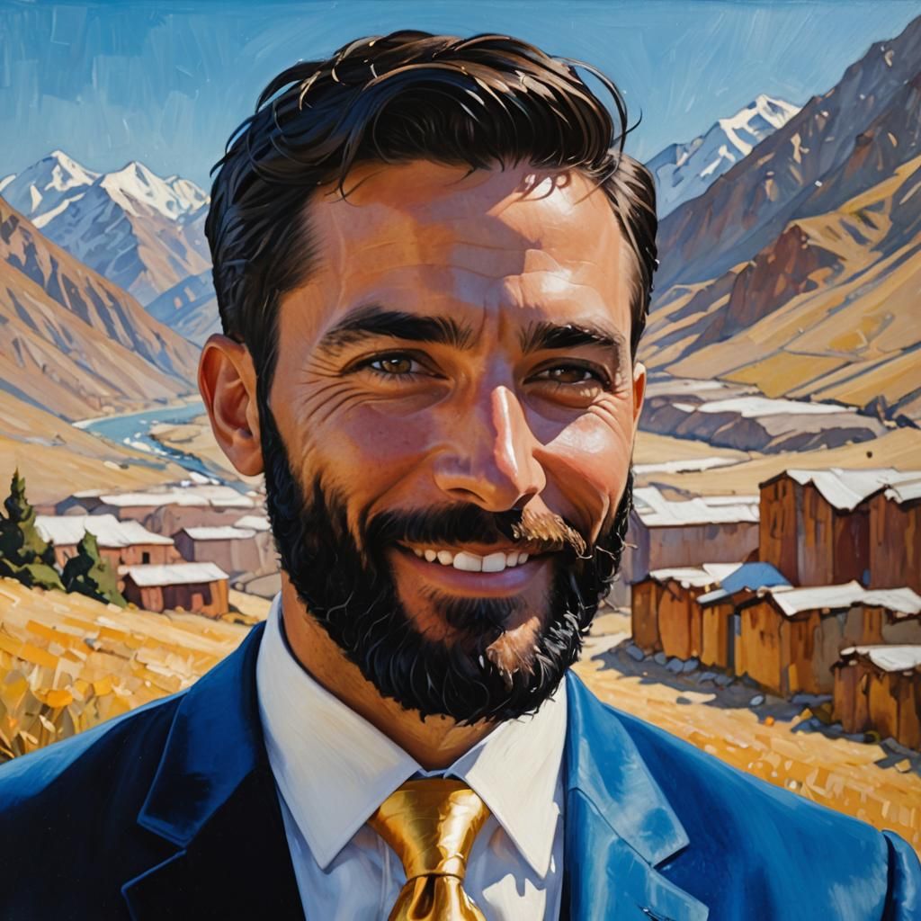 Smiling Man in Blue Suit: Oil Painting on Canvas