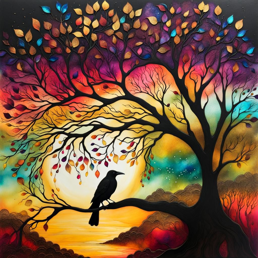 Crows Dreaming Beneath Fantasy Trees in Alcohol Ink