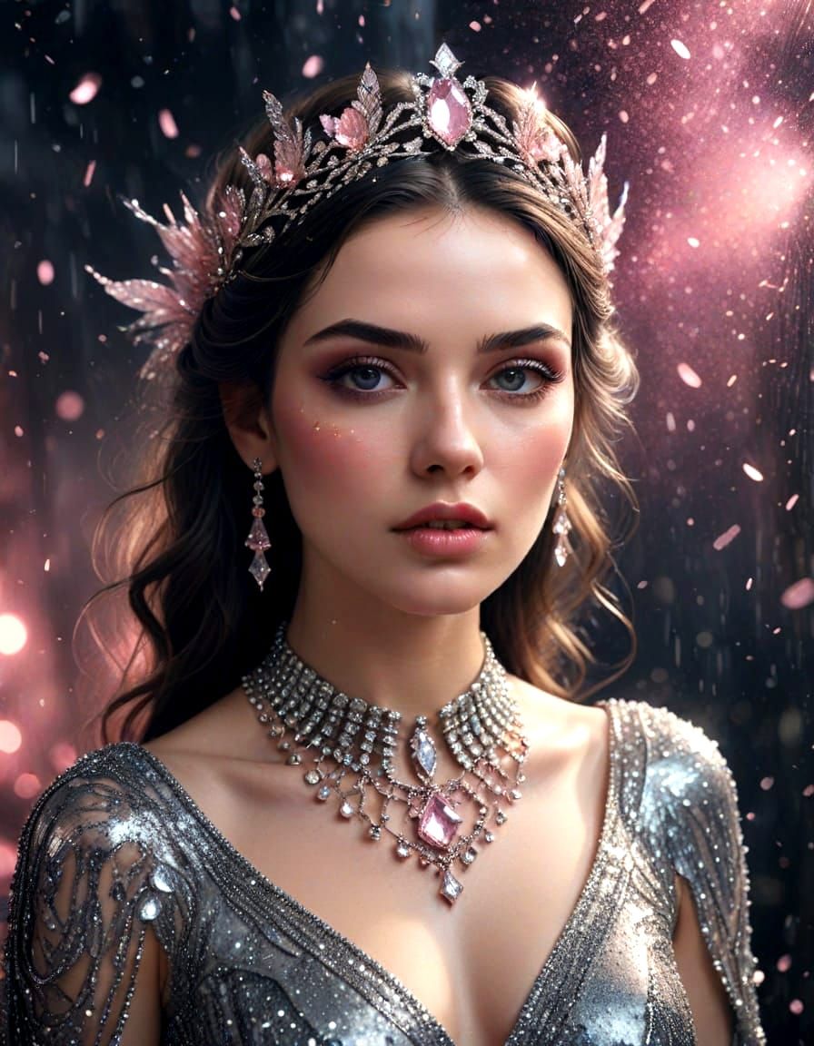 Woman with Glittering Pink Halo and Silver Chains