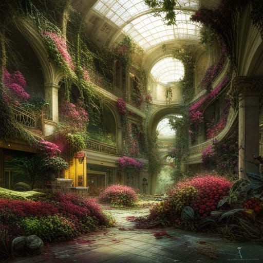 abandoned mall covered in vines