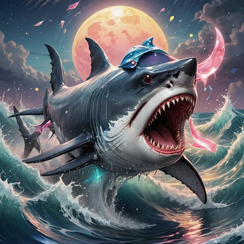 Sailor Moon Rides a Spined Megalodon in Anime Style