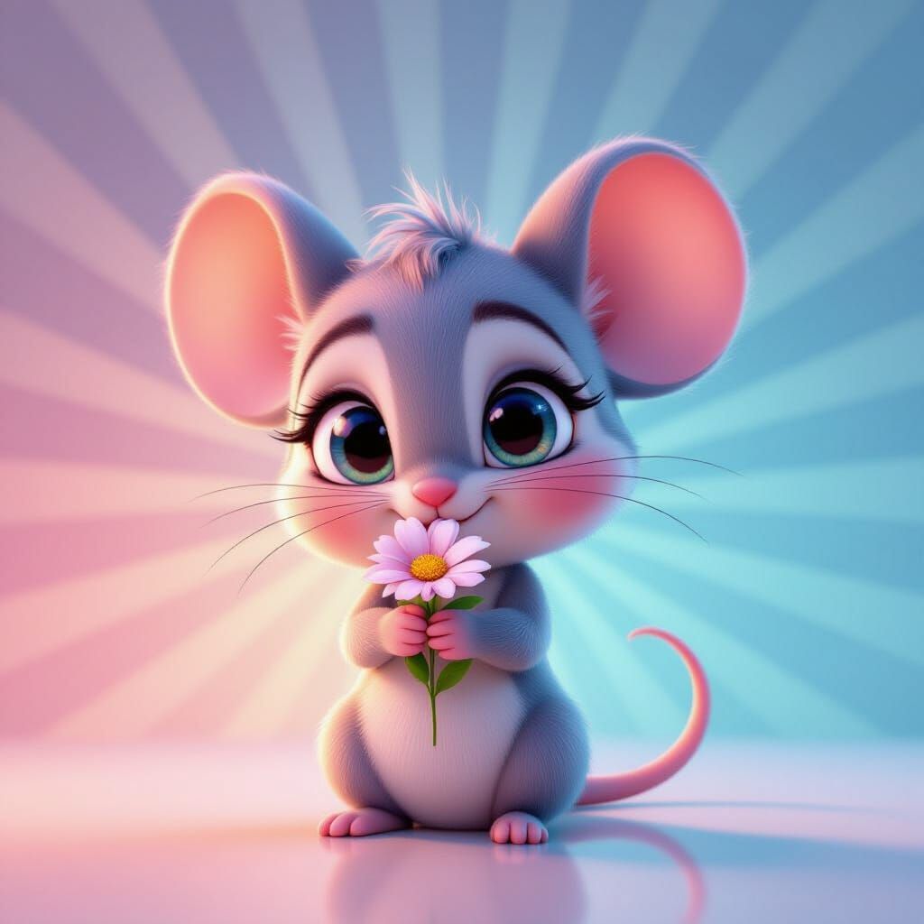 Bashful Chibi Mouse Holding Flower in 3D Art