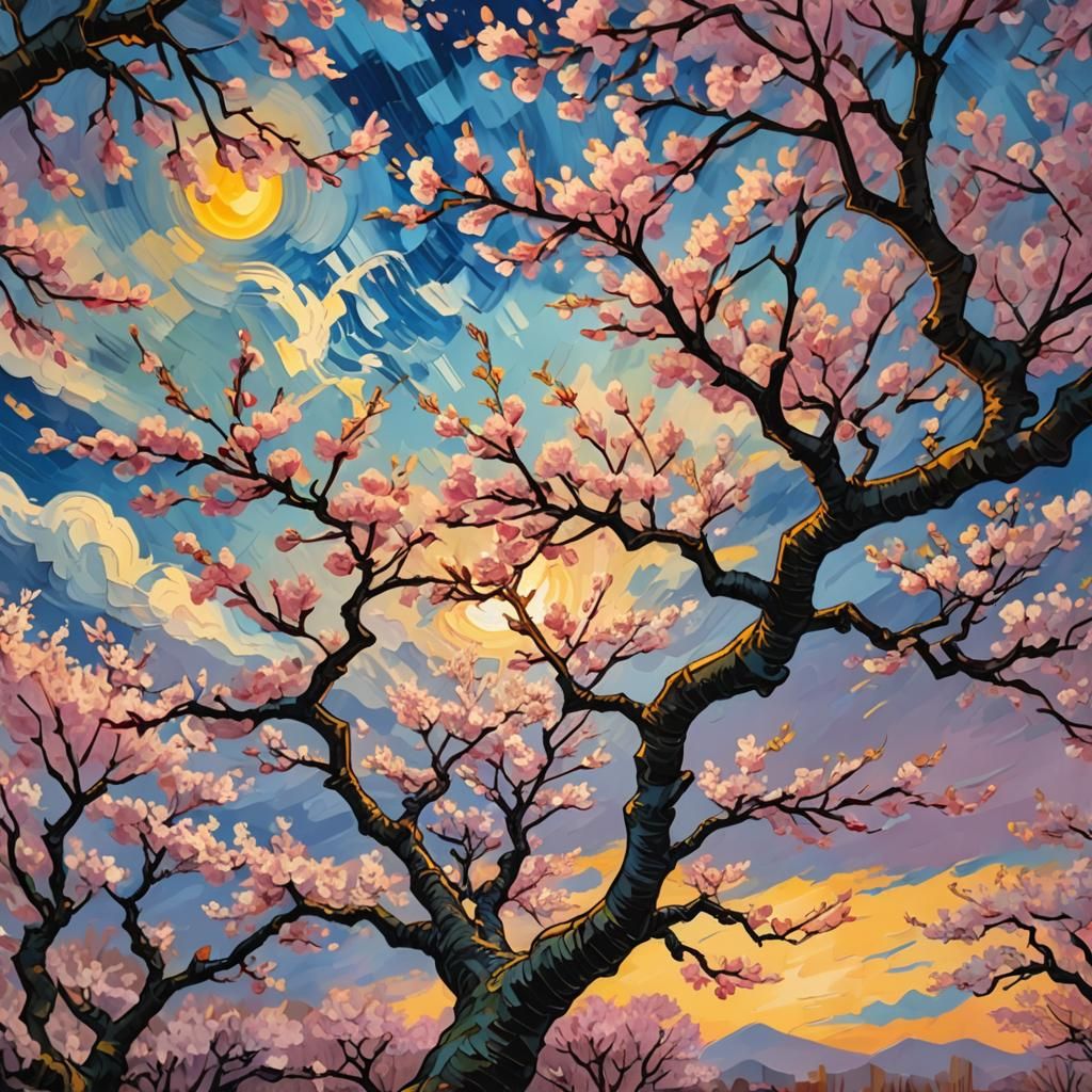 Sakura Trees at Sunset as Impasto Oil Painting