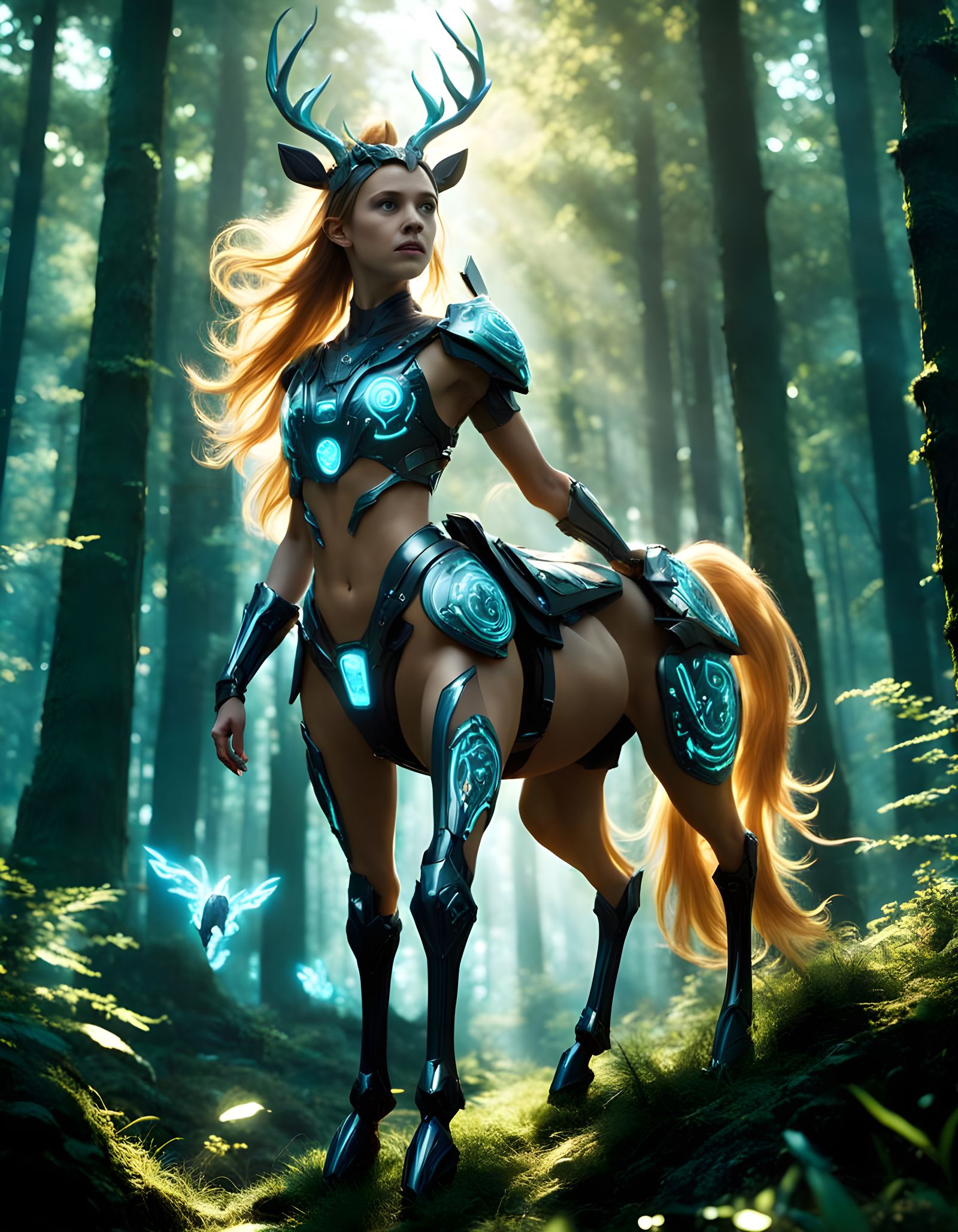 Cyberpunk Centaur Strides into Dazzling Sunlit Forest