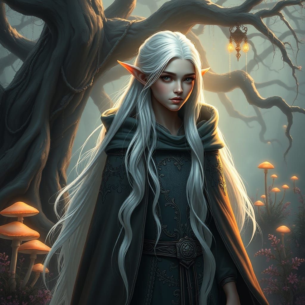 Elven Woman in Mystical Forest, Fantasy Art