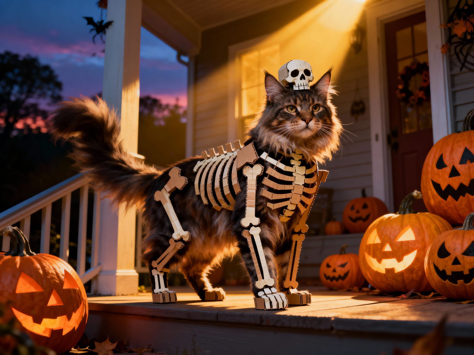 Regal Skeleton MaineCoon Cat on Halloween Porch