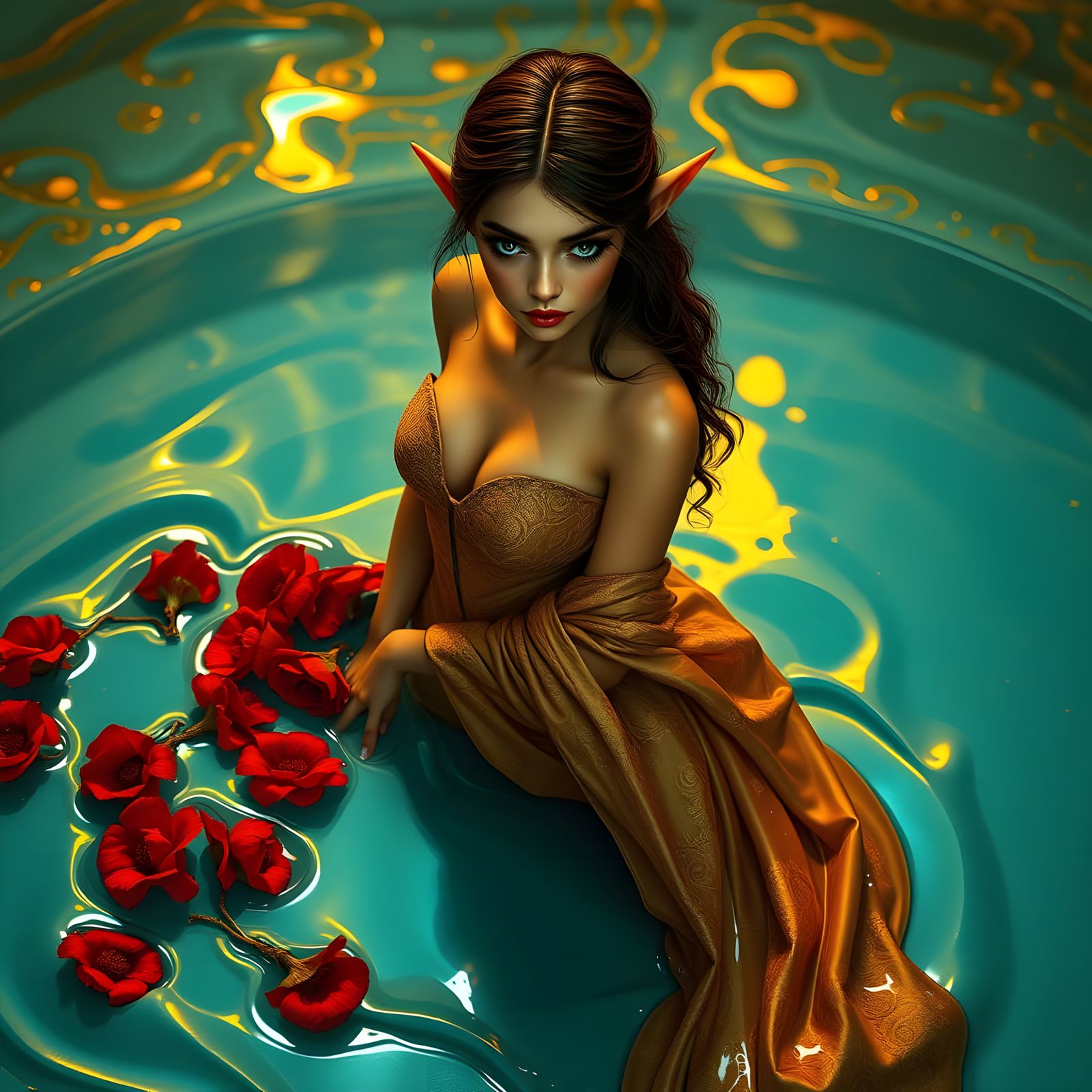 Ethereal Elf Maiden in Gustav Klimt-Inspired Slime Oasis