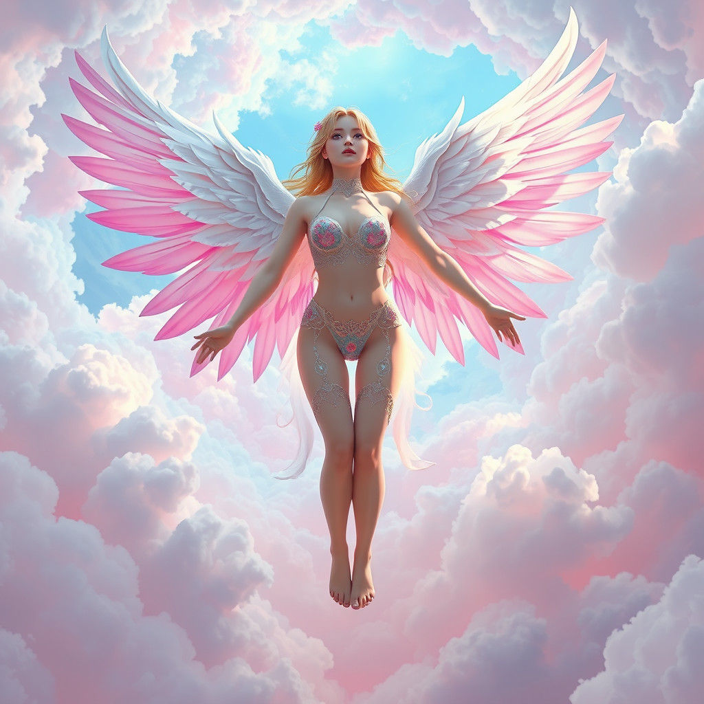 Woman Emerges from Clouds with Wings, 3D Anime Art