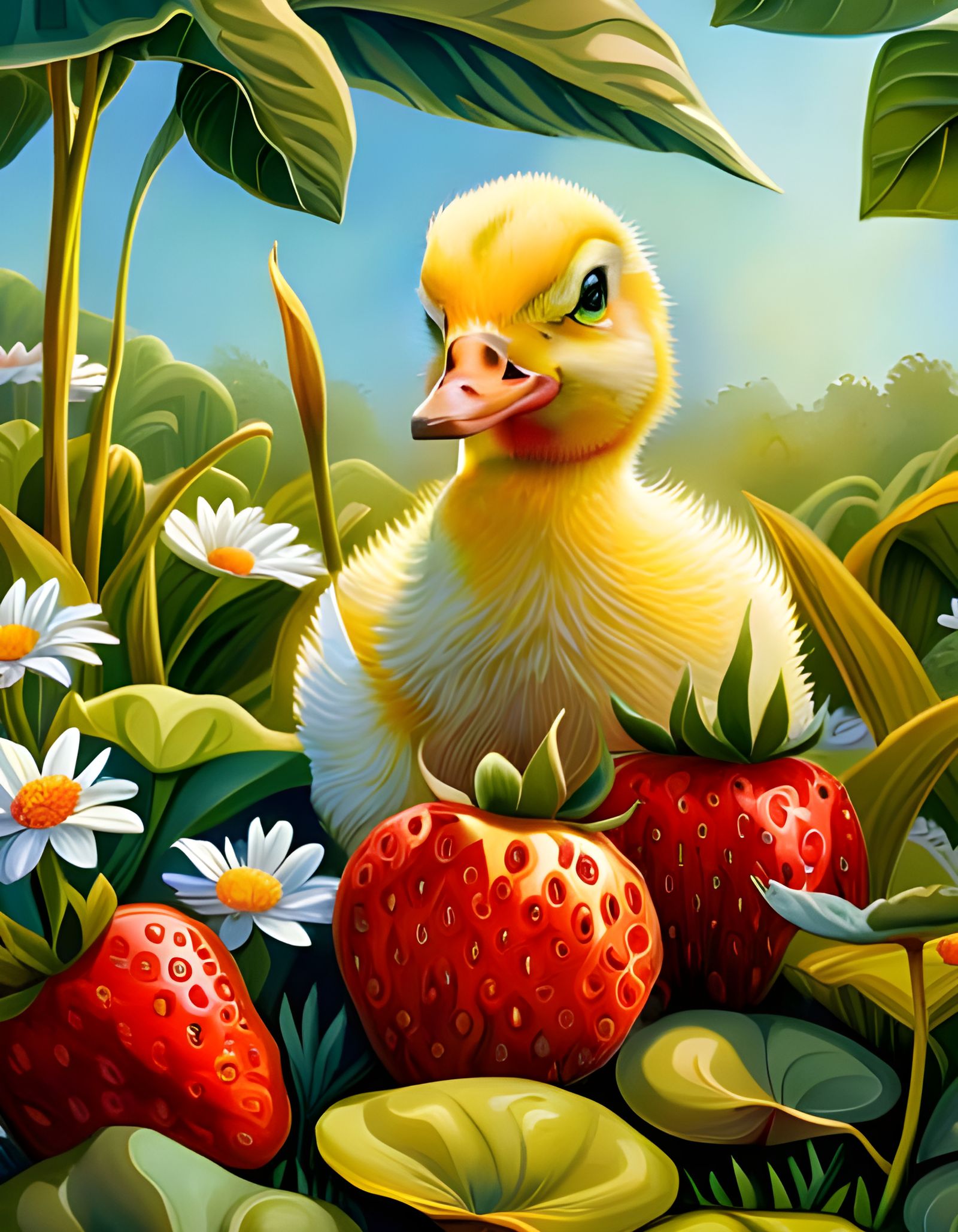 Chibi Baby Duck Eating Strawberries, Photorealistic Rococo A...