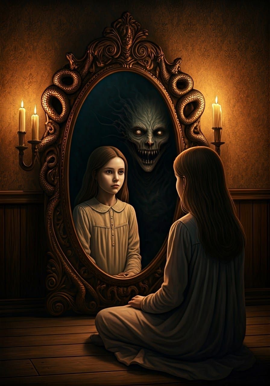 Young Girl Confronts Her Dark Reflection in an Antique Mirro...