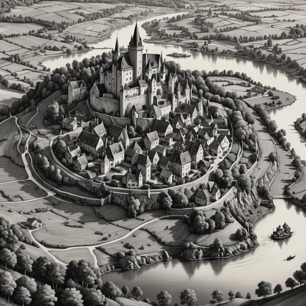 Detailed Pencil Map of a Medieval Village