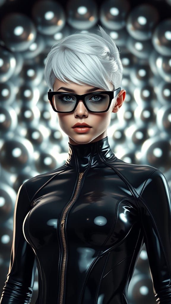 Platinum blonde cyberpunk latex clad woman