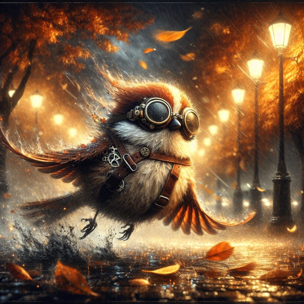Steampunk Sparrow in Autumn Storm, Oil Painting