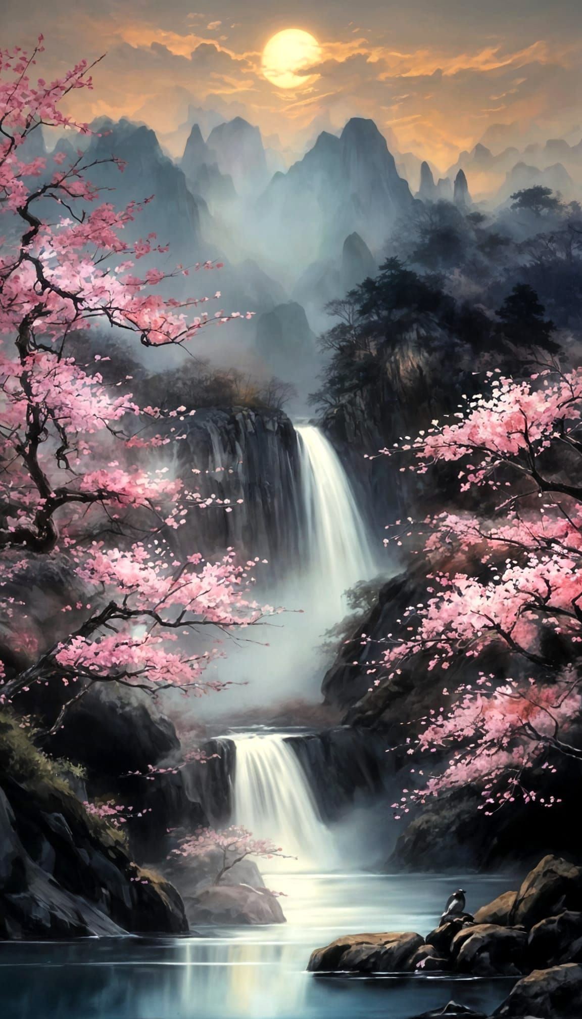 Serene Chinese Moonlit Waterfall