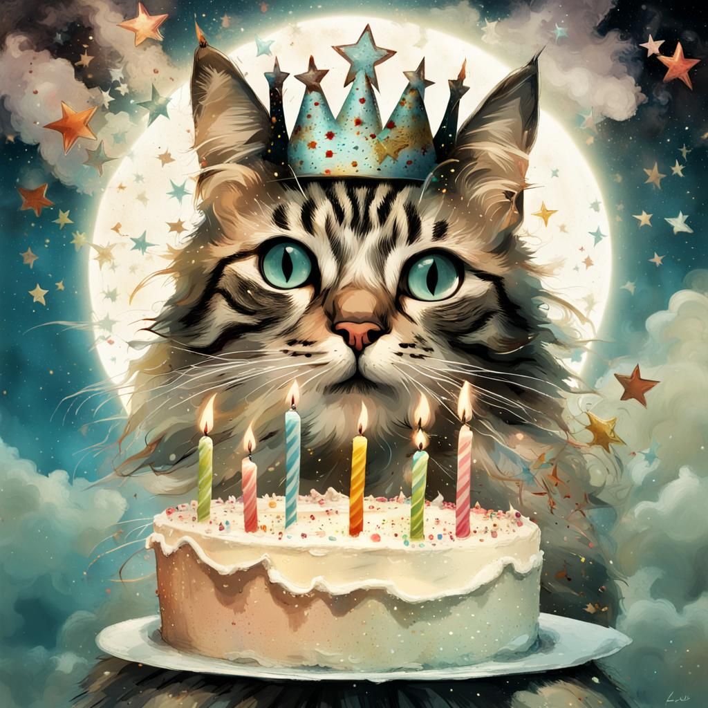 Cat Birthday Celebration: Dreamy Digital Art