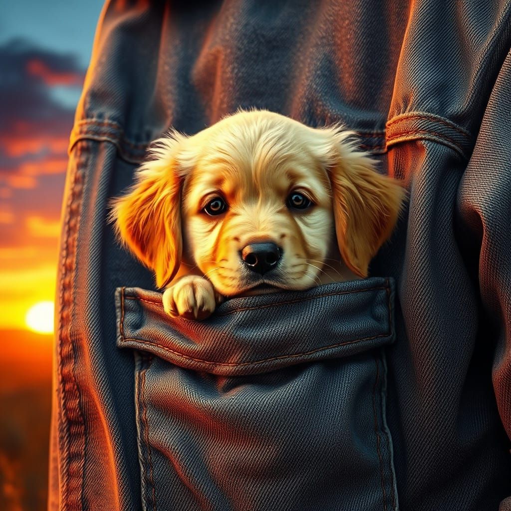 Golden Puppy Peeks from Faded Denim Jacket in Whimsical Suns...