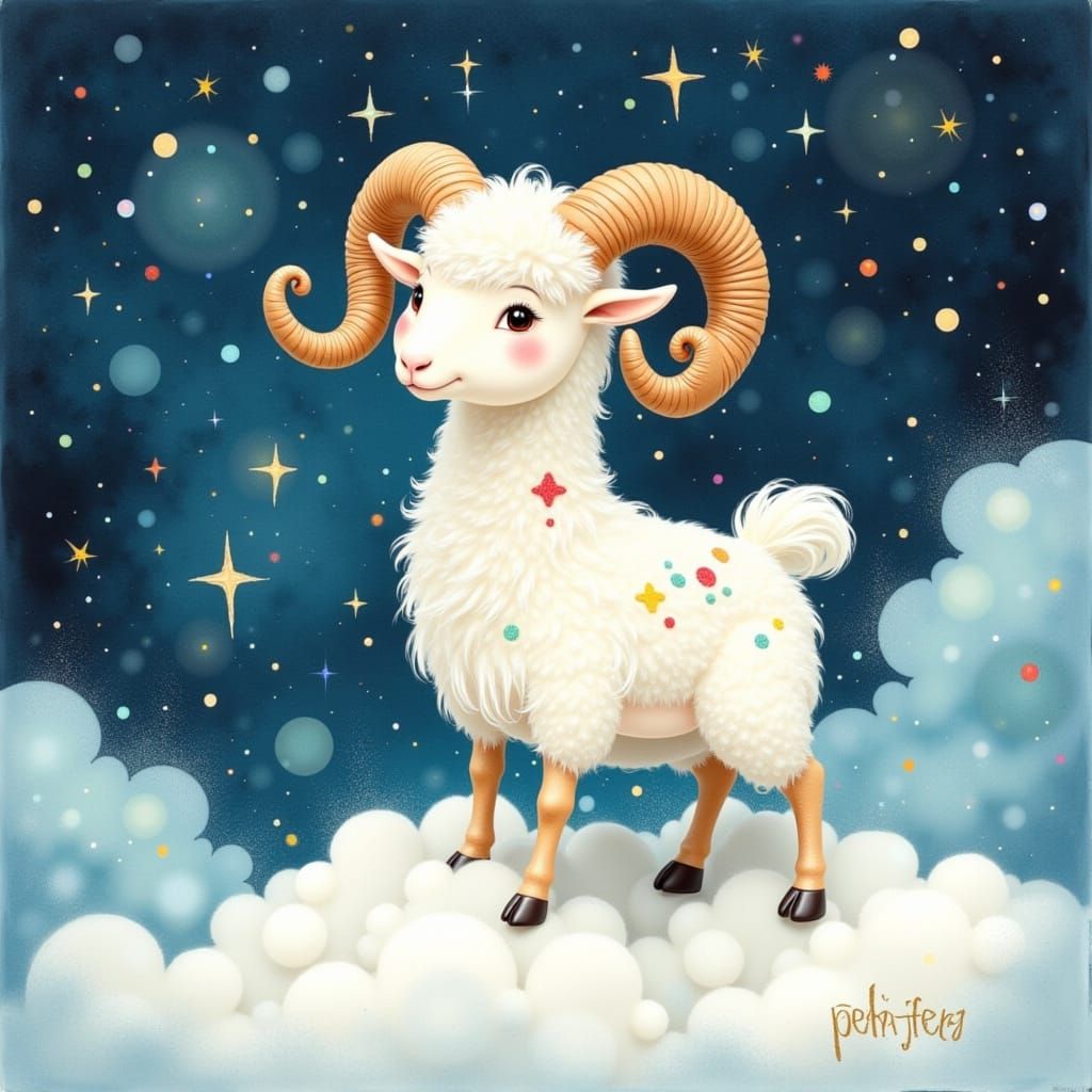 Cosmic Ram on Cloud in Watercolor Style